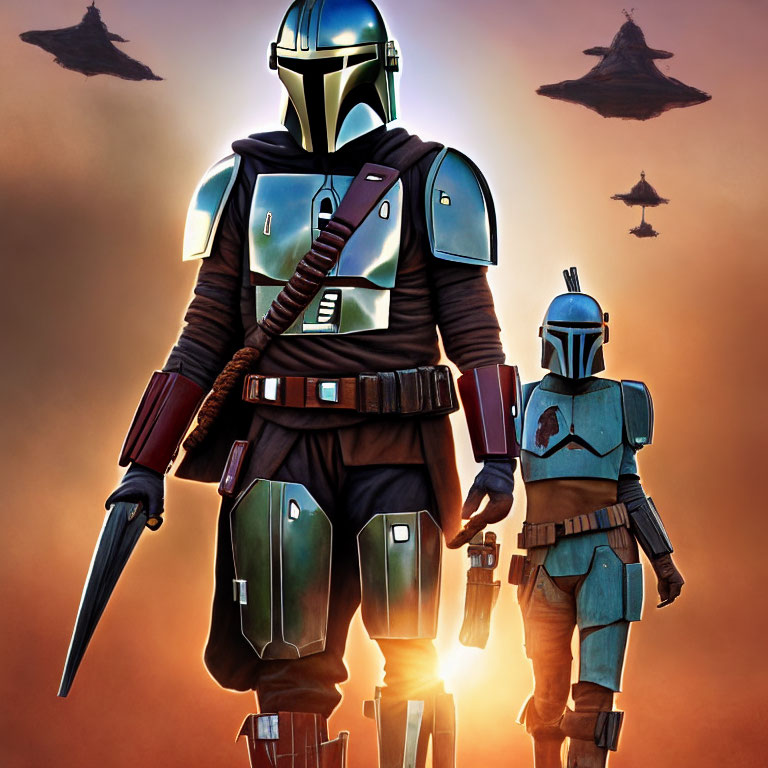 Armored figures resembling Mandalorian characters with sunset backdrop and flying ships