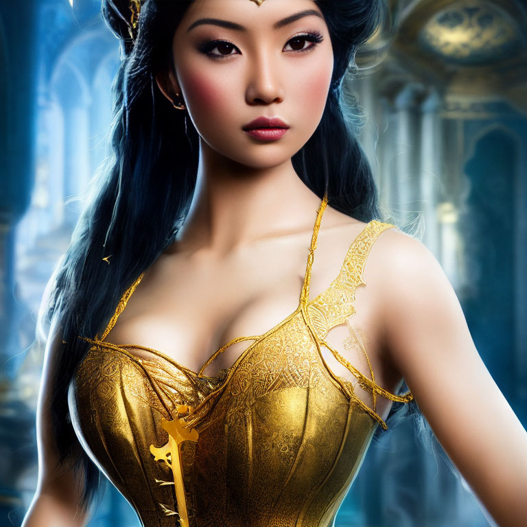 Digital Artwork: Asian Woman in Golden Dress with Luxurious Background