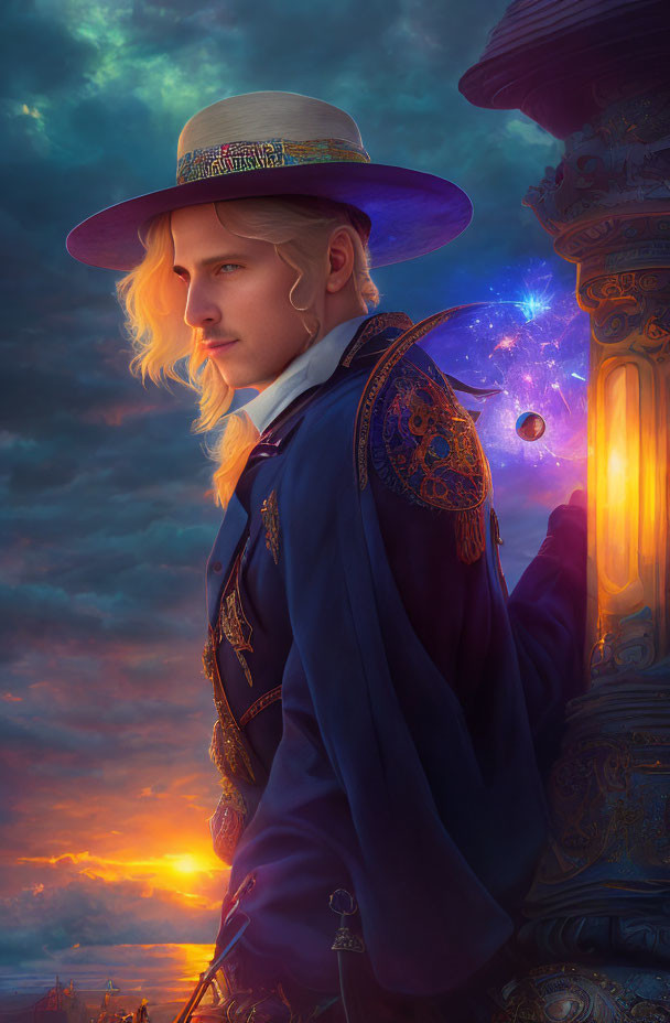 Man in decorated hat and coat gazes at crystal ball by ornate lamp post at sunset