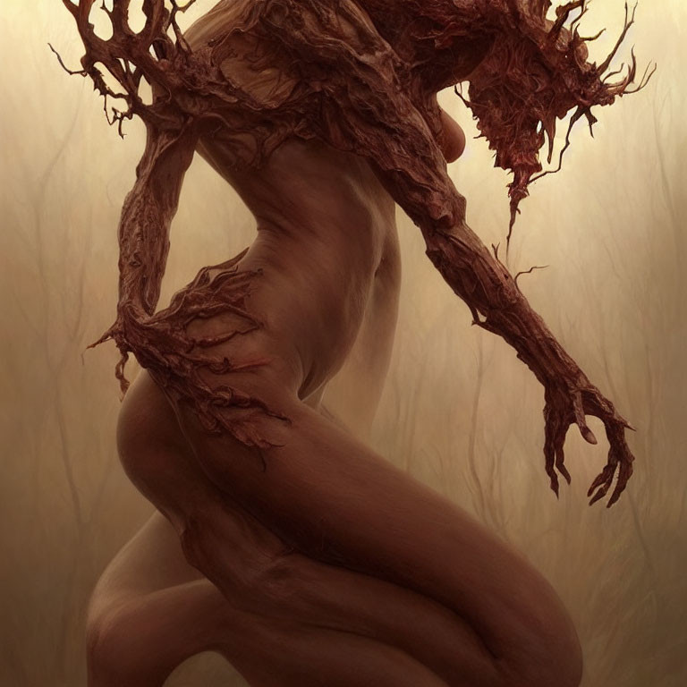 Surreal human figure intertwined with tree-like features in warm tones