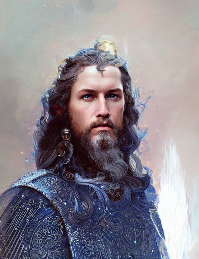 Bearded figure in blue armor with crown and mystical light source