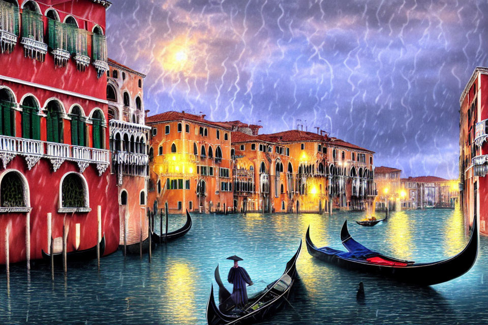 Colorful Venice Scene with Gondolier, Gondolas, and Stormy Sky