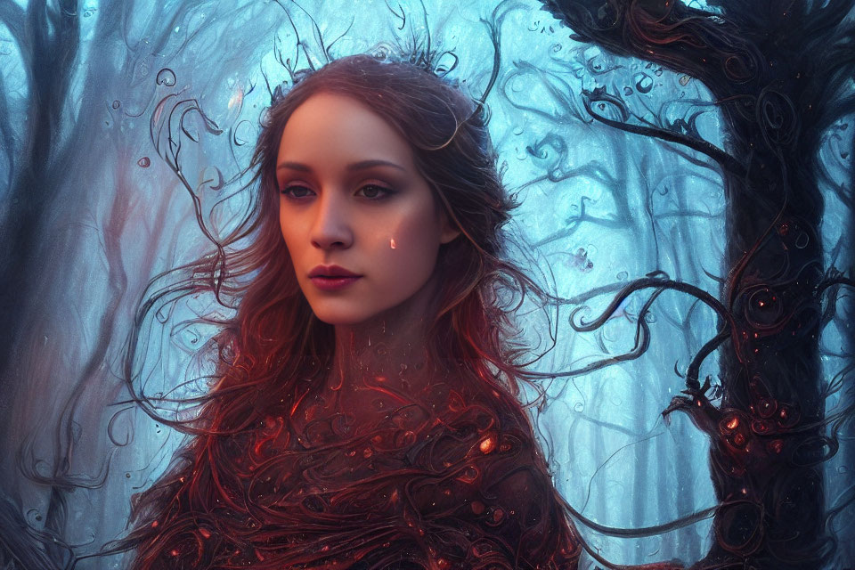 Mystical woman with flowing red hair in ethereal setting