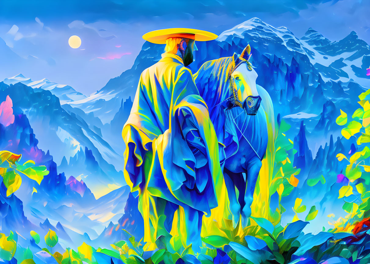 Digital artwork of person with halo and horse in moonlit mountain scene