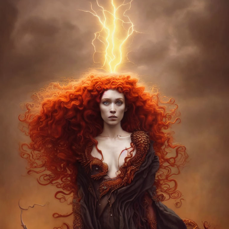 Curly Red-Haired Woman Stands Before Stormy Sky with Lightning