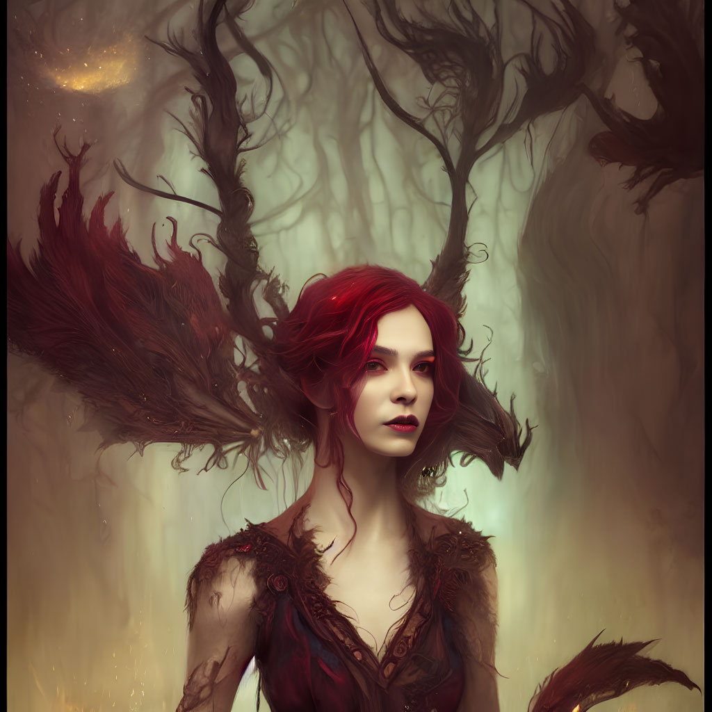 Vibrant red-haired woman in mystical forest with glowing ambiance