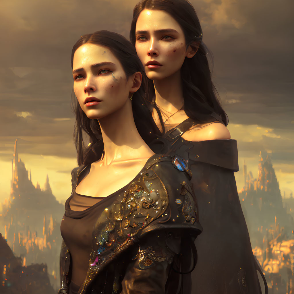 Two women in ornate armor against fantasy backdrop with dramatic sky and cityscape.