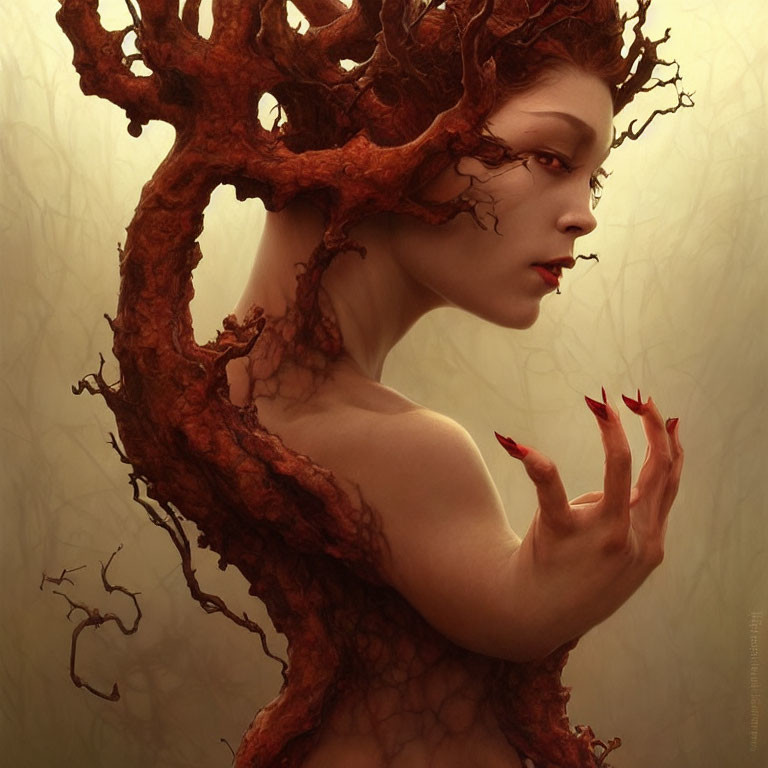 Woman with tree branch-like structures, red accents, in earth-toned backdrop