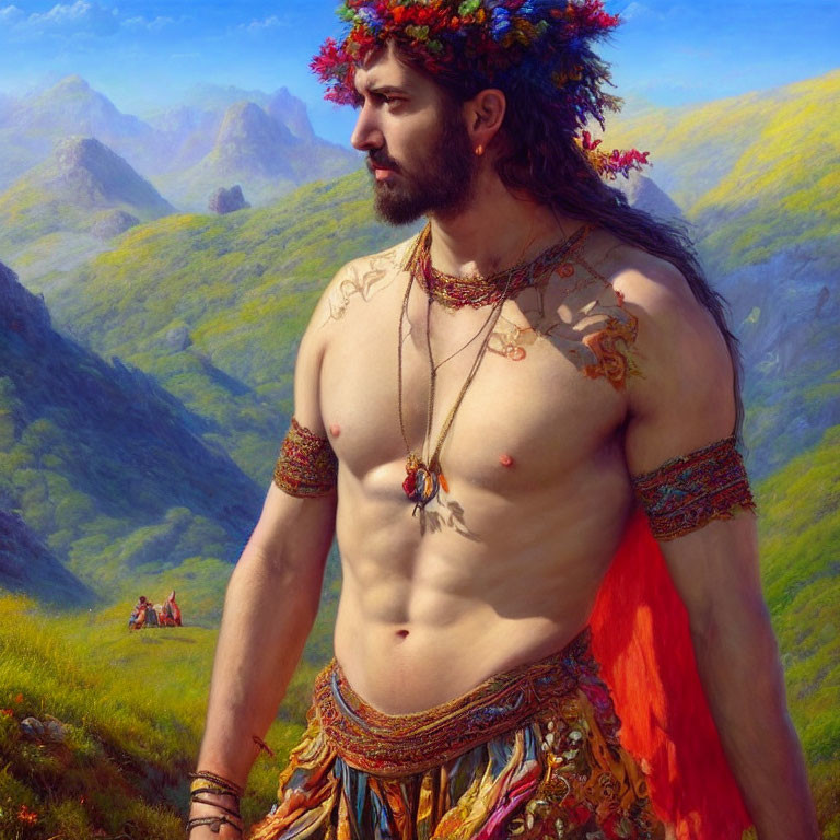 Digital painting of shirtless man with beard in flower crown, necklace, arm bands, in green landscape