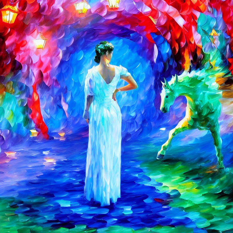 Woman in Blue Dress Stands with White Horse in Colorful Forest