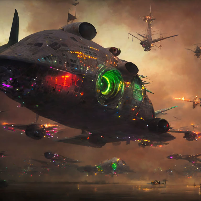 Futuristic spaceships with glowing lights in smoky backdrop