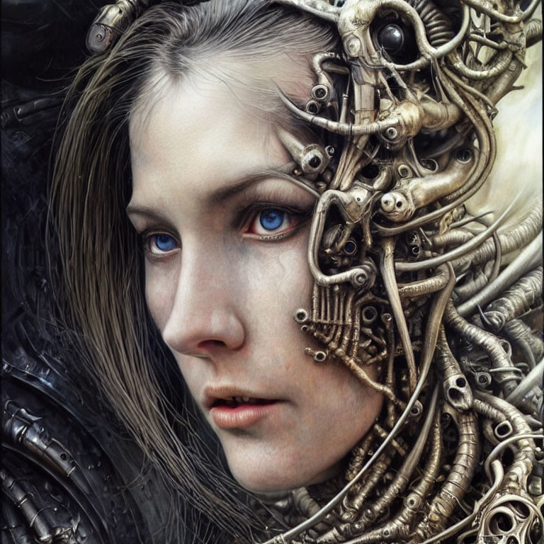 Hyper-realistic portrait of woman with intricate mechanical parts in hair creating cyborg look