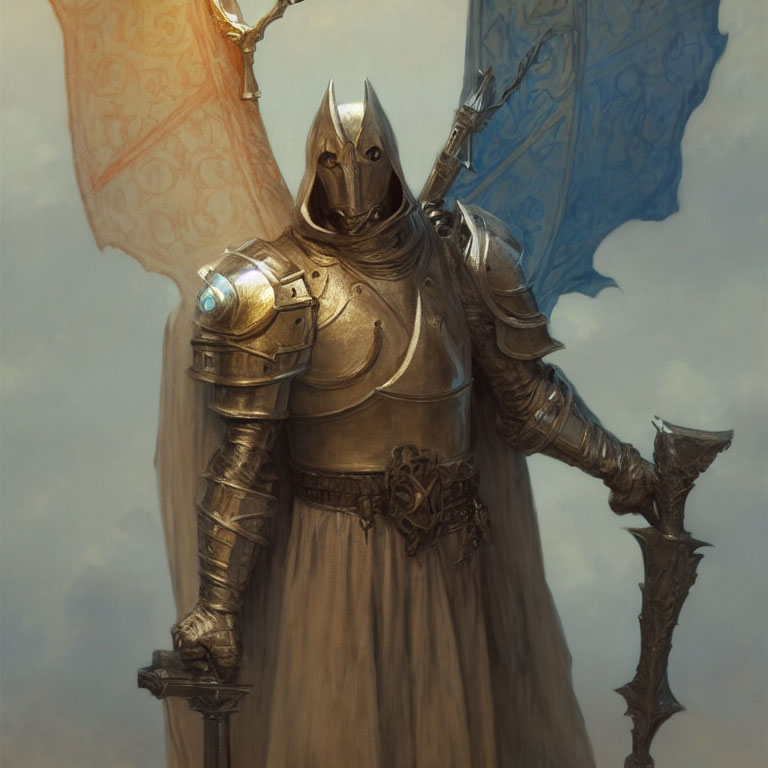 Ornate armored knight with mace and tattered banners under cloudy sky