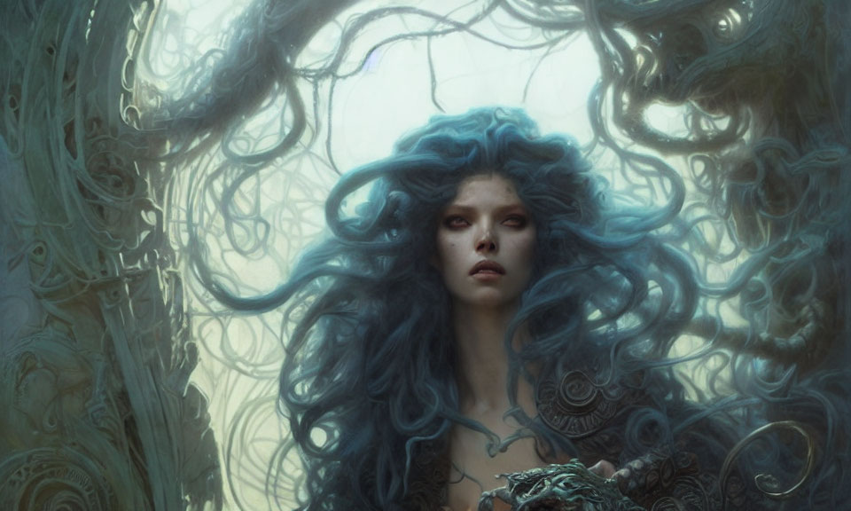 Mystical woman with voluminous blue hair in enchanted forest