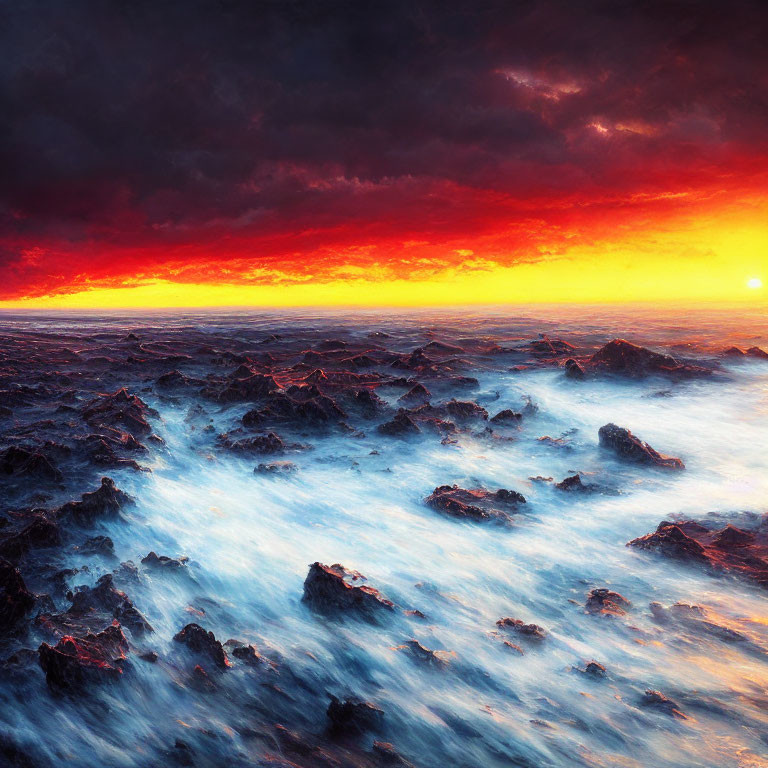 Fiery red skies over dark blue waves in dramatic ocean sunset