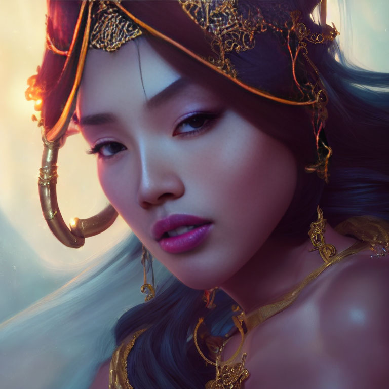 Close-up of woman with ornate golden headpiece in soft glow