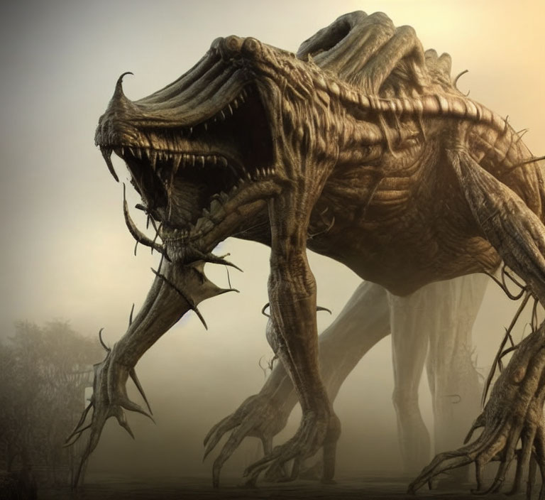 Sinister creature with sharp teeth and tendrils in foggy setting