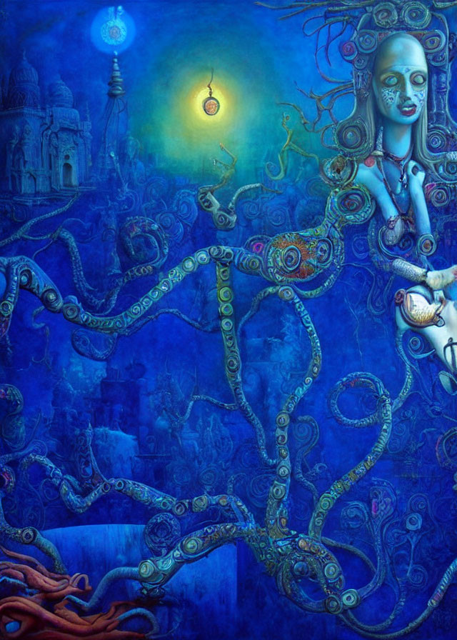 Surreal blue-toned painting of woman with octopus-like hair holding heart