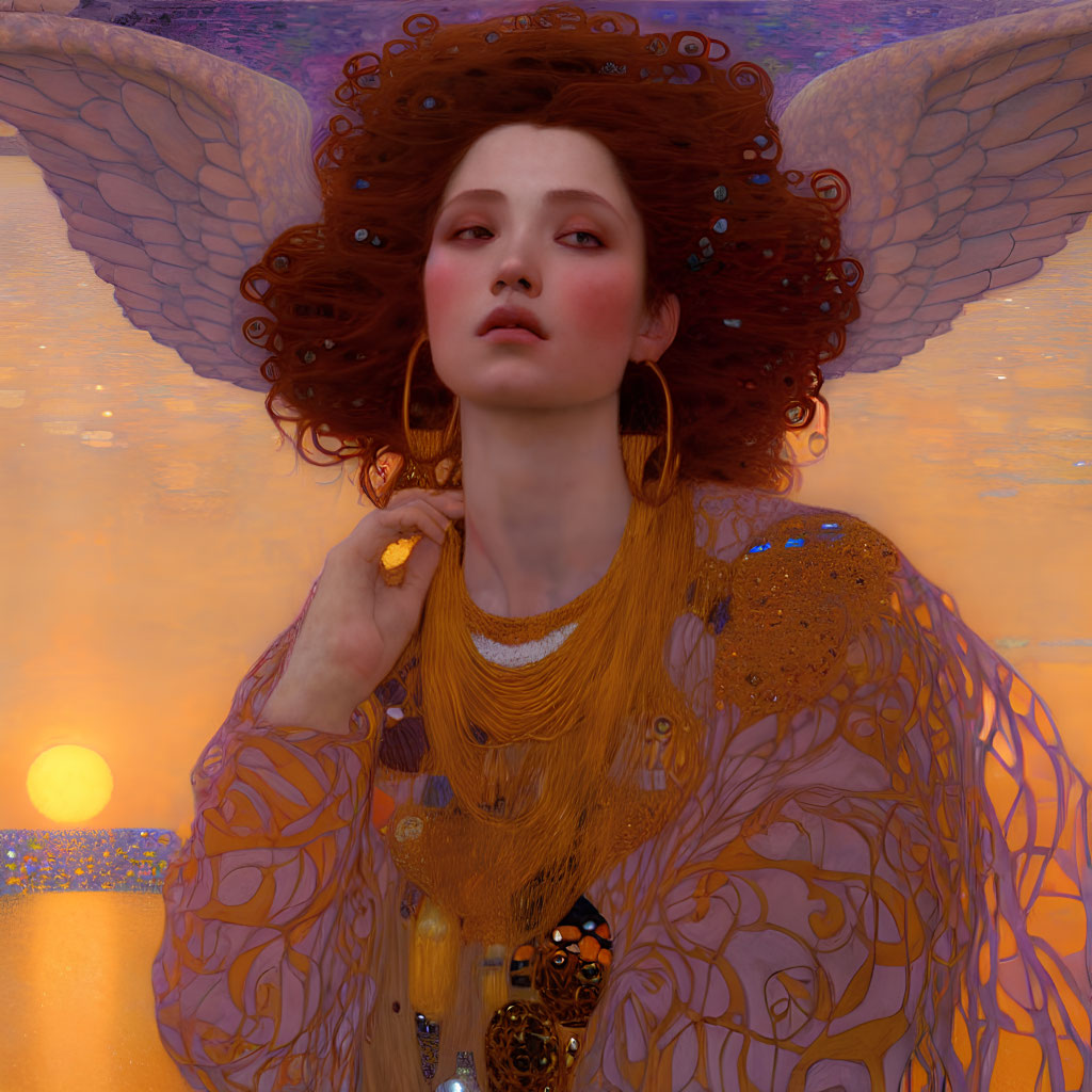 Digital artwork: Woman with angelic wings, red hair, gold jewelry, ornate gown in dawn