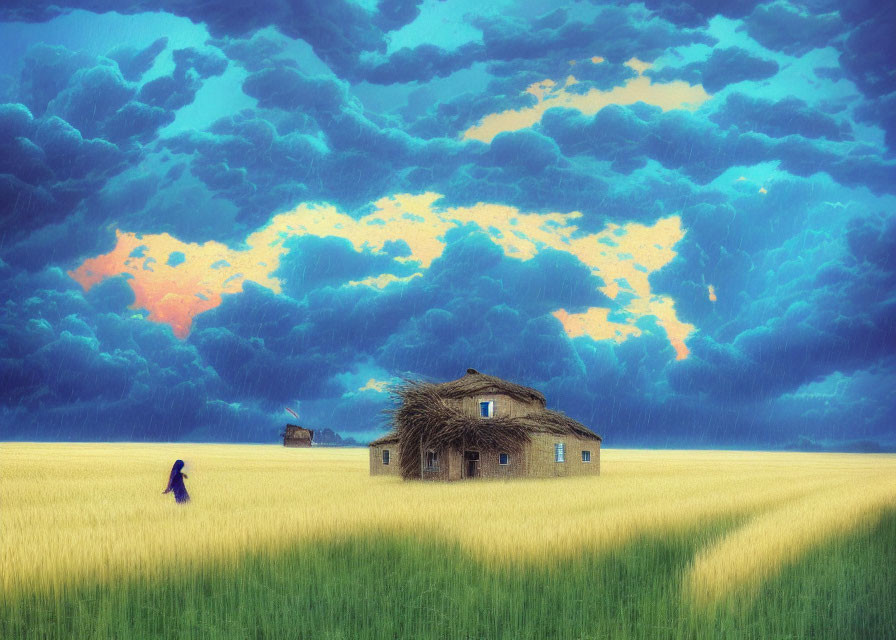 Person walking in wheat field to abandoned house under stormy sky