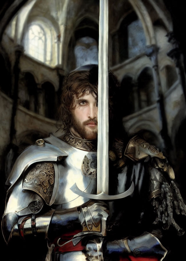 Knight in Shining Armor with Sword in Gothic Cathedral