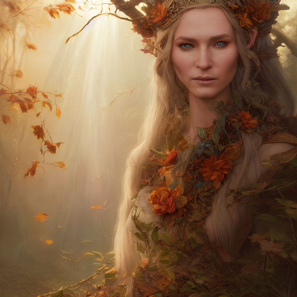 Mystical elf woman in golden-lit forest with autumn leaves