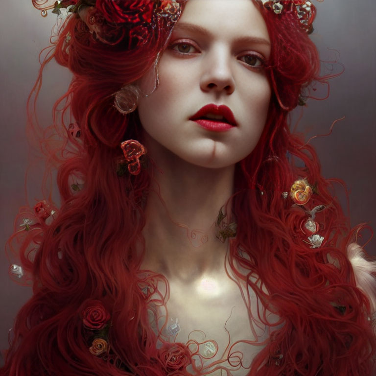 Person with Vivid Red Hair, Dark Roses, Crystals, Pale Skin, Red Lips, Cont