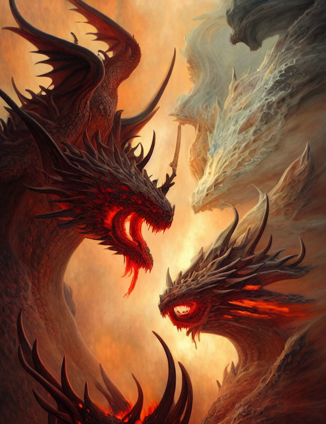 Three roaring dragons clash in fiery scene with swirling smoke.