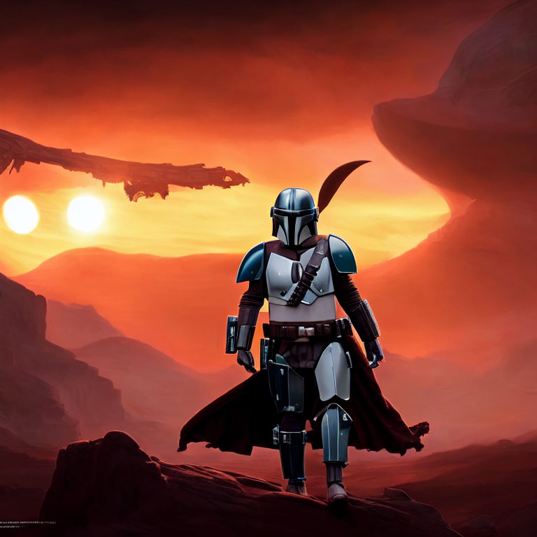 Armored figure on rocky outcrop under red sky with two suns and spaceship.