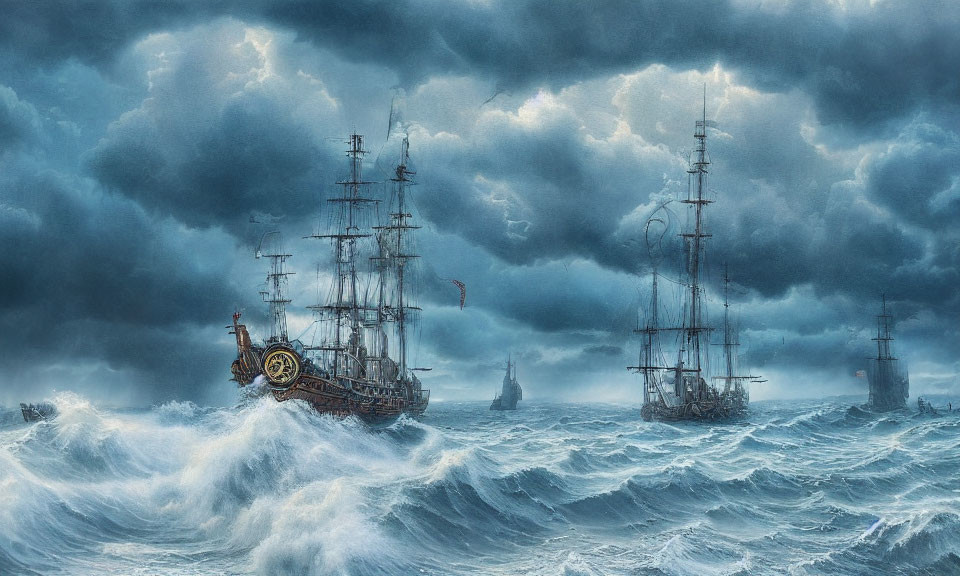 Tall Ships Sailing in Stormy Ocean Scene