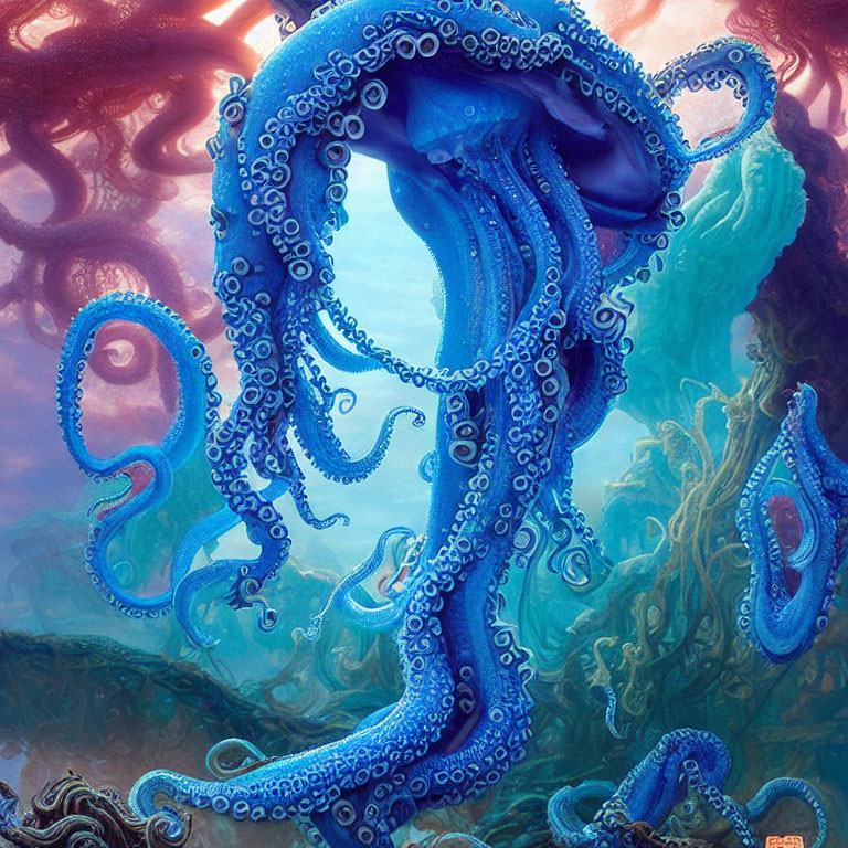 Colorful Digital Art: Blue Octopus with Intricate Patterns in Underwater Scene