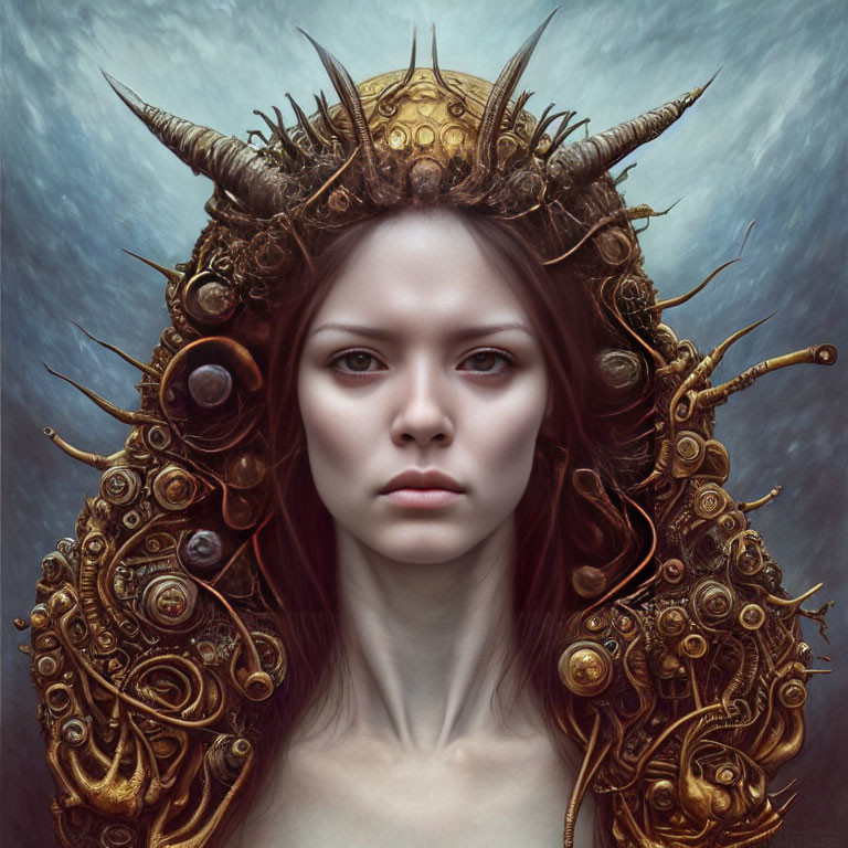 Intricate horned woman with golden mechanical details on moody backdrop