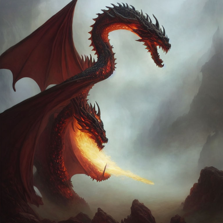 Majestic dragon breathing fire in mountainous landscape