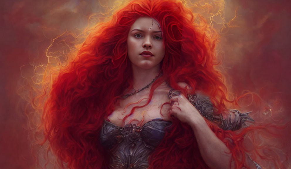 Vibrant red-haired woman in fantasy armor with mystical backdrop.