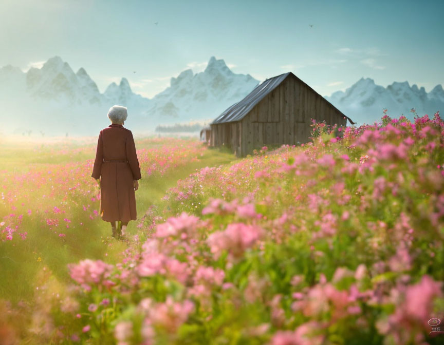 Elderly person walking in pink flower meadow towards wooden cabin in mountain landscape