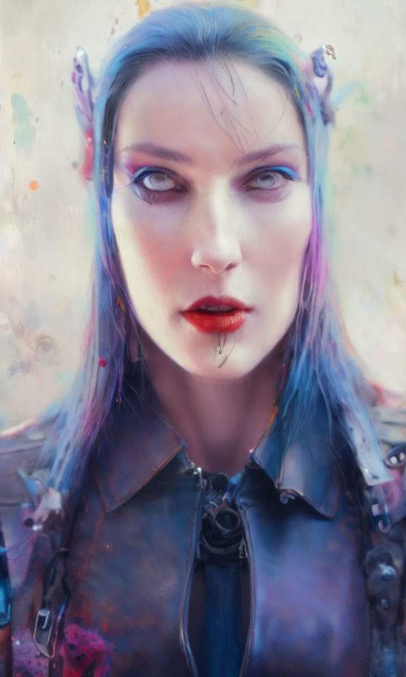 Portrait of person with blue dyed hair, violet eyes, and cyberpunk style featuring lip piercing and