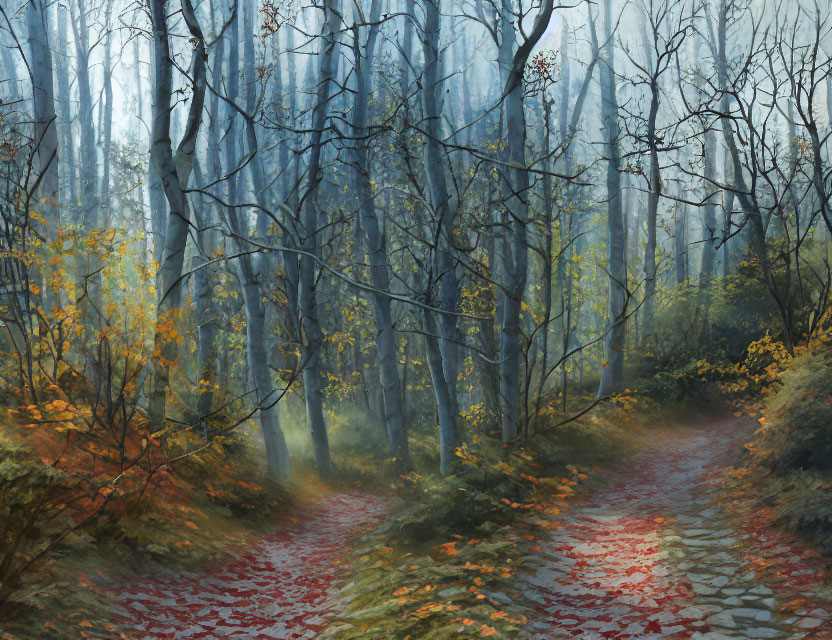 Misty Forest Scene: Winding Path, Bare Trees, Autumn Leaves