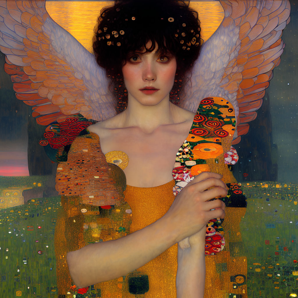 Golden-Adorned Angel Figure with Patterned Wings at Twilight