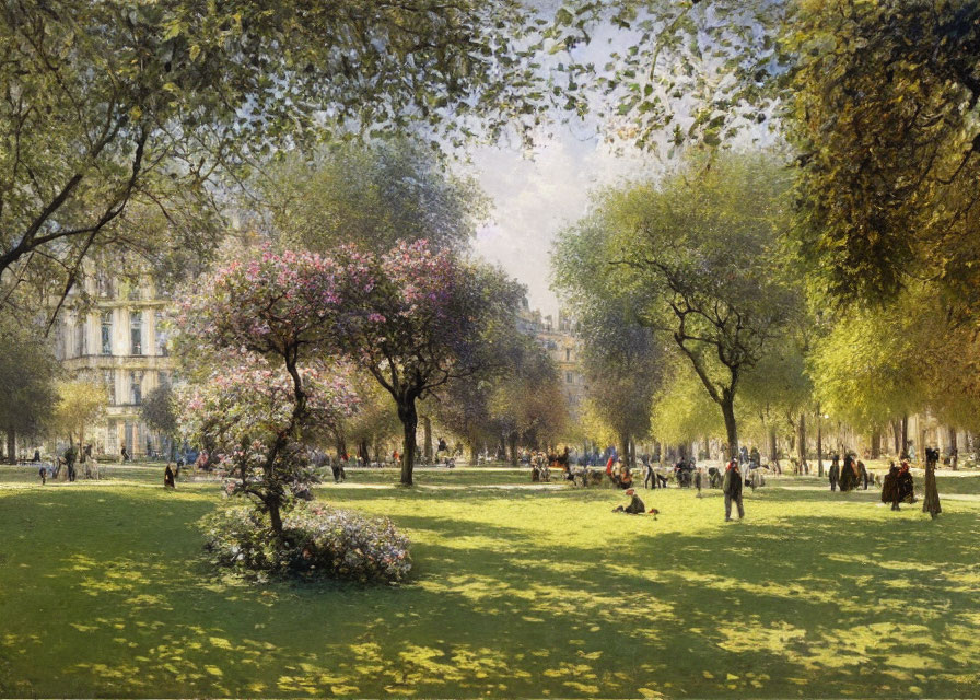 Tranquil park scene with blooming trees and people strolling under a sunlit sky