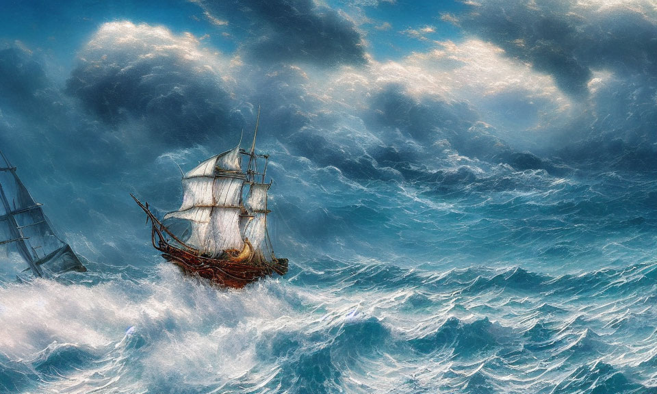 Majestic sailing ship in tumultuous sea under stormy sky