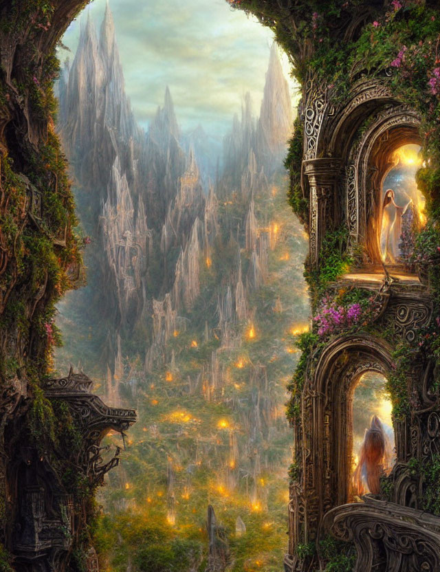 Enchanting forest scene with carved doorways, glowing lights, and rocky spires