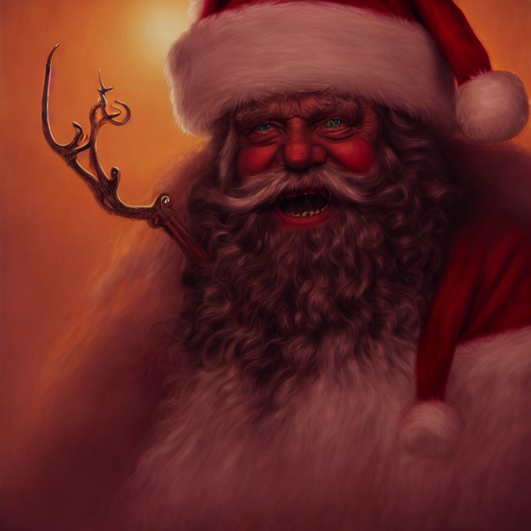 Illustration of jolly Santa Claus with long white beard and red suit holding reindeer antler