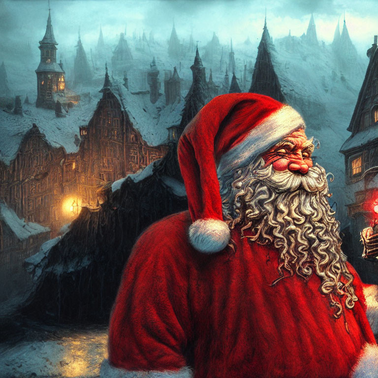 Santa Claus in Red Suit with Snowy Village Background