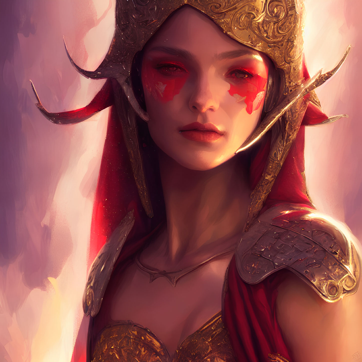 Fantasy illustration of a woman in golden armor with red face markings