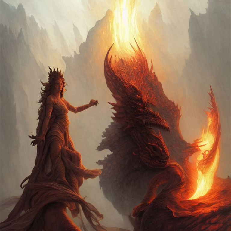 Regal queen with fiery crown facing red dragon in mountainous setting