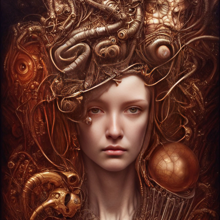 Surreal portrait of a woman with gold mechanical elements in her hair