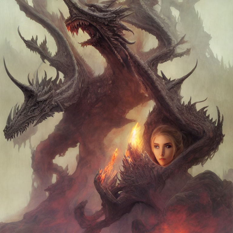 Woman with Glowing Hair Protected by Towering Dragon in Mystical Scene