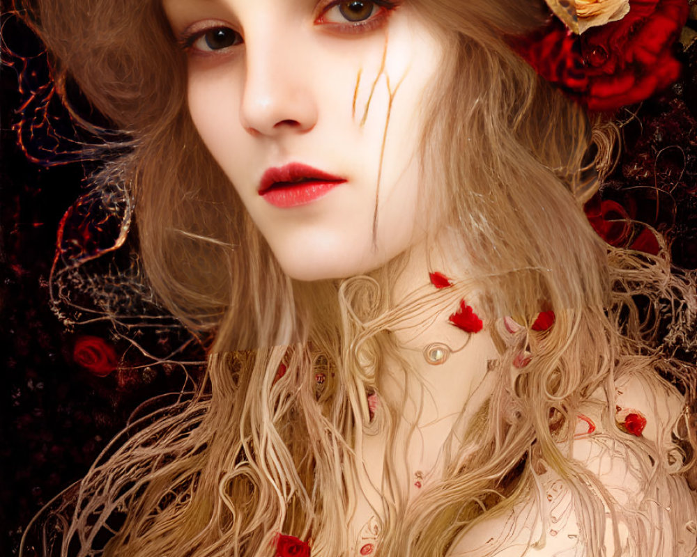 Portrait of Woman with Pale Skin and Crimson Flowers in Hair Against Dark Floral Backdrop