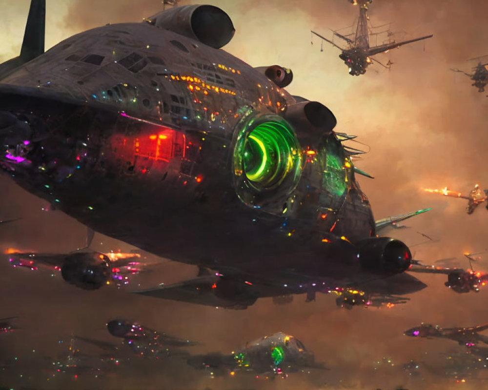 Futuristic spaceships with glowing lights in smoky backdrop