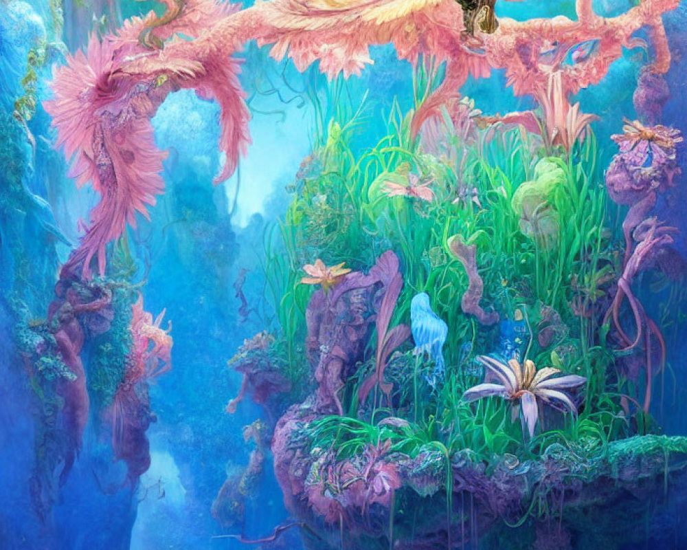 Colorful fantasy landscape with glowing tree, soaring bird, and underwater realm with manta creature